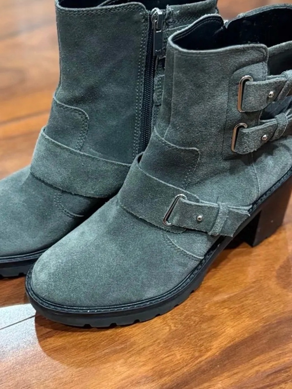 Marc Fisher Gray Suede Boots with Buckle Detail Inside Zipper